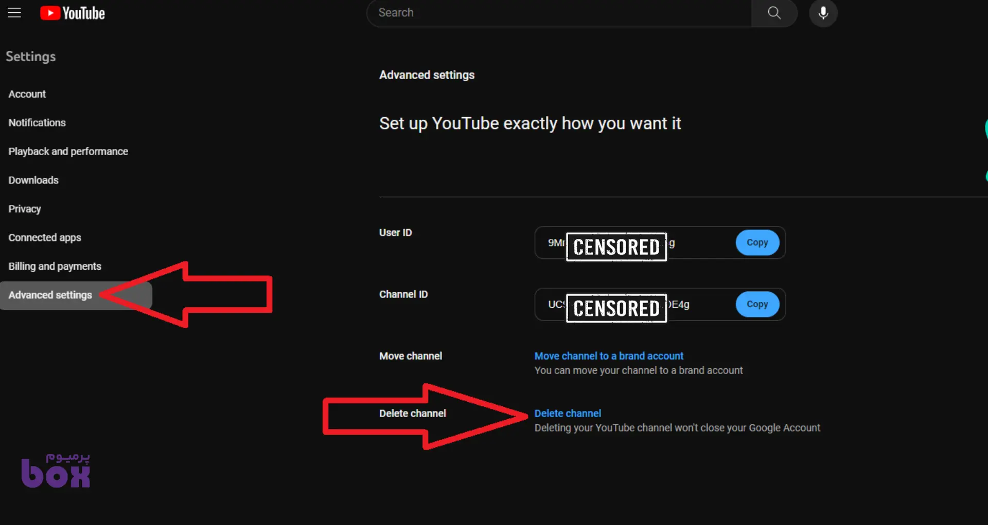 حذف اکانت یوتیوب در دسکتاپ
